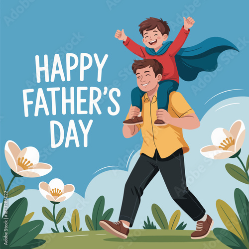 A joyful father carries his son on his shoulders, both smiling and having fun in a nature setting, conveying love, happiness, and celebration of Father's Day.