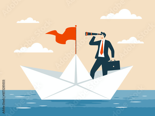 A businessman stands on a paper boat, looking through binoculars while navigating the waters, illustrating leadership, vision, and the journey toward success in business.
