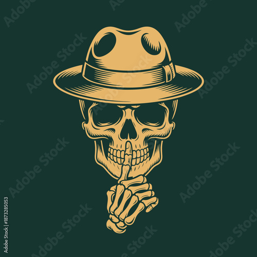 An intriguing graphic of a skull wearing a hat, giving a mysterious and artistic expression that conveys themes of secrets, life's impermanence, and human curiosity.