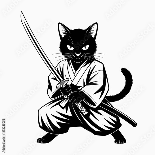 This image features a fierce black cat dressed as a samurai, holding a katana sword, showcasing a blend of martial arts culture and adorable feline characteristics.