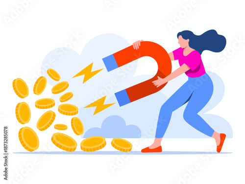 An illustration of a woman holding a magnet that pulls coins from the ground, symbolizing wealth attraction and prosperity through positive thinking and motivation.