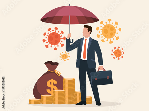 A businessman standing under an umbrella protecting his wealth from virus icons, illustrating the need for financial security and resilience in challenging times, such as pandemics.