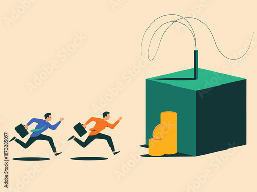 This image portrays two businessmen energetically racing toward a large treasure chest of coins, symbolizing ambition, competition, and the pursuit of success in business.