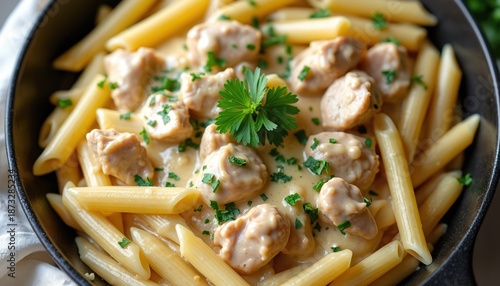 Chicken alfredo penne pasta dish served in a pan. Cooked meal with creamy sauce and green parsley garnish. Delicious lunch or dinner concept with tasty ingredients.