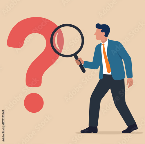 Problem analysis, analyze information to find solution or answer, solving problem or trouble, challenge to think overcome difficulty concept, businessman analyze question mark with magnifying glass.
