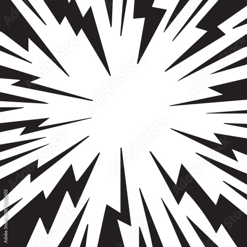 Speed line lightning background. Black jagged lightning rays radiating from center. Explosive speed, shock, motion and intense energy impact. Comic action scenes, game graphics. Vector illustration