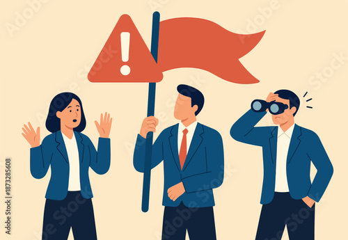 Red flag warning, something wrong, false or mistaken indicator, alarm or alert to attention, risk of illegal or incorrect error, business people pay attention to red flag warning sign aware of threat.
