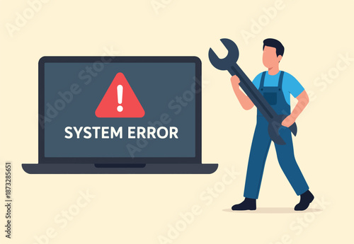 System error, software problem or system failure, security alert or hardware fault to be fixed, caution or maintenance concept, young technician holding wrench fix system failure message on computer