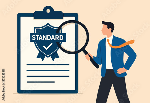 Standard, quality control or certified approval, corporate policy or compliance, guarantee checklist document, assurance concept, businessman hold magnifying glass with standard QC badge document.