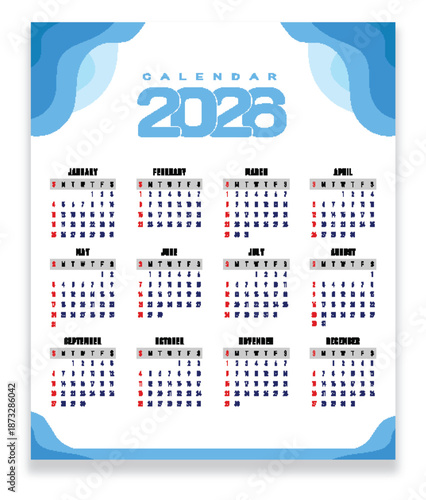 2026 Annual Calendar with Blue Wavy Design
