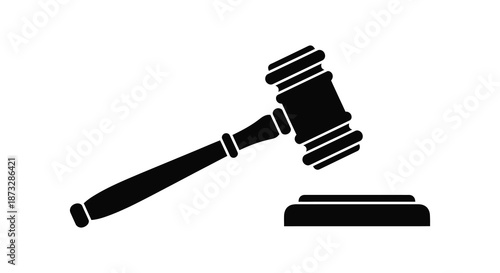 A striking black silhouette of a classic gavel resting upon a sounding block silhouette