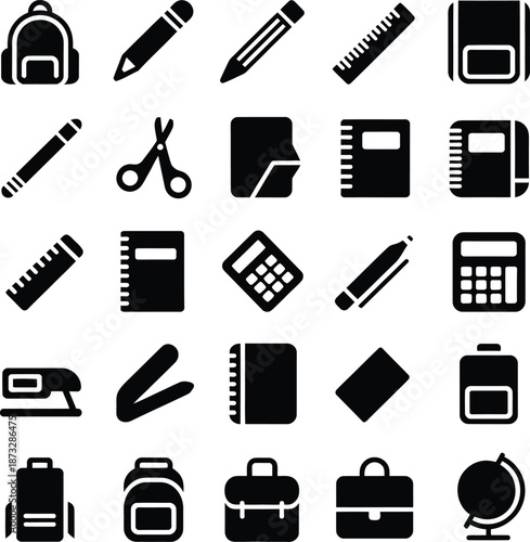 School Stationery Icons Vector Set – Black Solid Education Supplies Collection