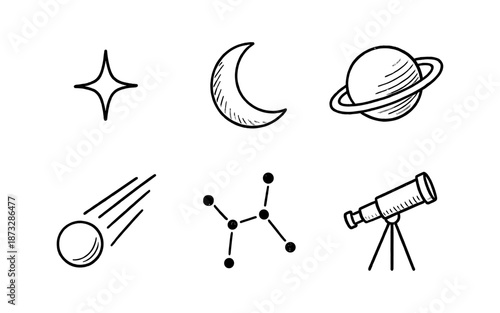 Hand-drawn space icons including a star, moon, planet, comet, constellation, and telescope