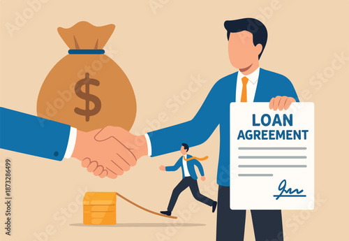 Loan agreement borrow money from bank, mortgage, debt or obligation to pay back interest rate, personal loan or financial support concept, businessman shaking hand with loan agreement and money bag.