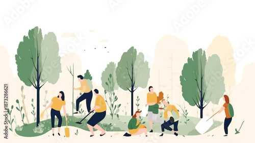 Community Volunteering for Tree Planting Vector, Sustainable Eco-Friendly Activity in City Park with Hand-Drawn Characters