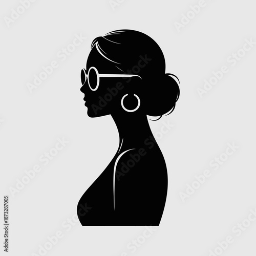 A minimalist vector illustration showcasing a stylish woman's silhouette wearing sunglasses, representing elegance, fashion, and modern femininity in a timeless design.