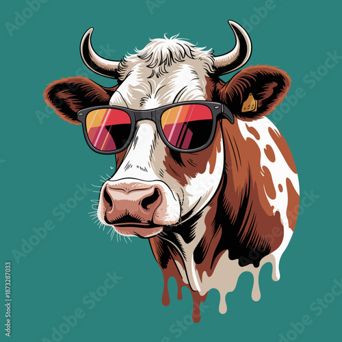 This whimsical image features a cow wearing sunglasses, exuding a cool attitude and playful character, perfect for showcasing humor and creativity in illustrations.