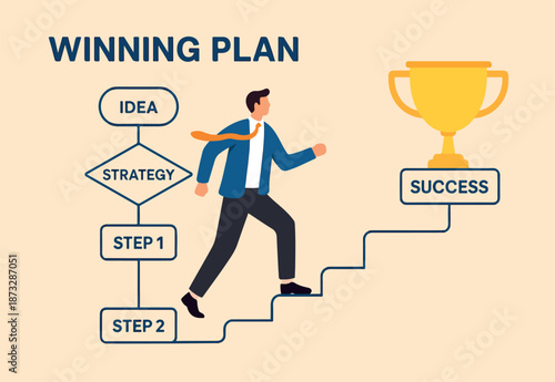 Winning plan to success, strategy step to reach success, career journey, project management or idea development, challenge, flowchart to succeed concept, businessman walk on winning plan journey.
