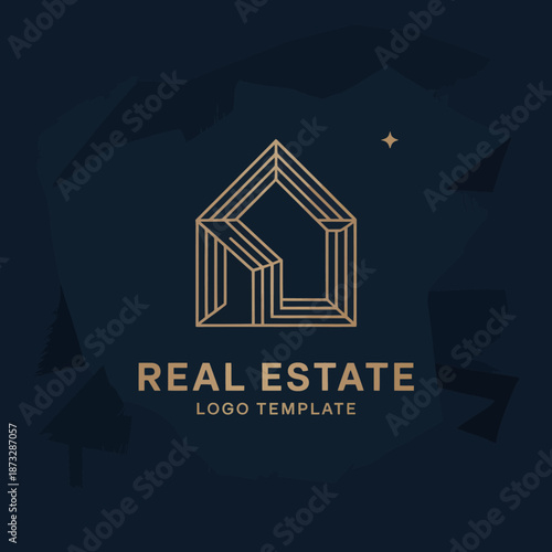 A premium logo design template for real estate, featuring an elegant house-shaped design in gold, conveying luxury and professionalism for real estate branding.