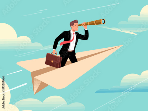 A whimsical illustration of a businessman standing on a paper airplane while looking through a telescope, symbolizing success and innovative thinking in the business world.