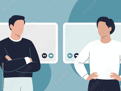 An illustration of two men engaging in discussion, with graphics representing video playback icons, emphasizing communication and collaboration in an audio-visual context.