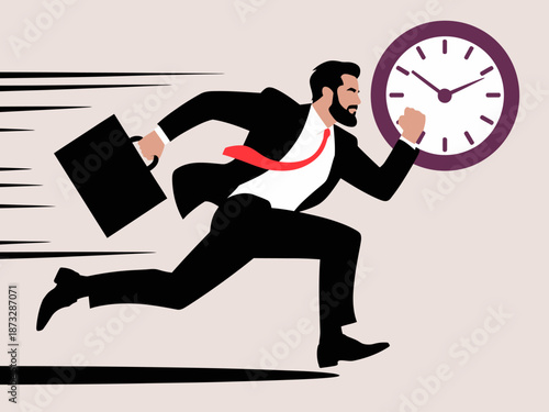 A dynamic illustration of a businessman in a suit, rushing with a briefcase and a clock symbolizing the urgency of deadlines, responsibilities, and modern work life.