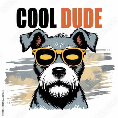 A fun illustration of a dog wearing stylish sunglasses, representing a cool and laid-back vibe, perfect for showing personality, humor, and animal charm in pop culture.