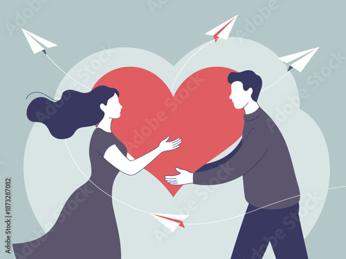 A touching scene of a couple reaching towards each other with an oversized heart, capturing the essence of love, connection, and emotional warmth in relationships.