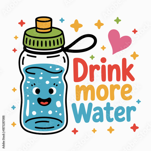 A fun illustration of a smiling water bottle emphasizes the importance of staying hydrated, promoting health and wellness with bright colors and playful design elements.