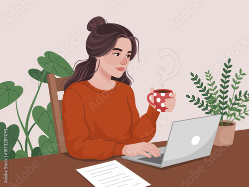 An illustration of a woman enjoying tea while working on her laptop captures a productive yet cozy workspace, emphasizing the importance of balance and comfort in productivity.