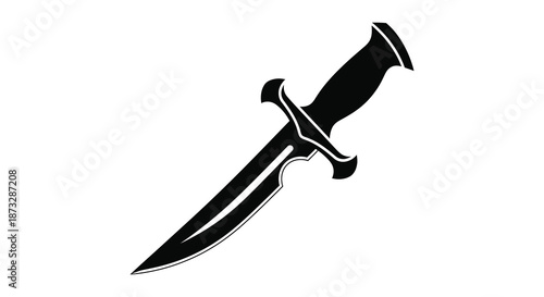 A striking black blade with a distinct hilt and curved form a dark silhouette