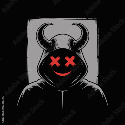 The image portrays a mysterious figure in a dark cloak with horns and a playful smile, blending elements of mystery with a touch of whimsical irony for artistic exploration.