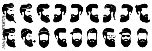 Mens hair and beard styles silhouette collection - vector set of masculine haircuts, facial hair, barber shop symbols, and grooming fashion icons isolated on white background
