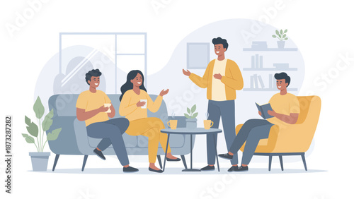 Friends Relaxing and Talking in Cozy Living Room Illustration