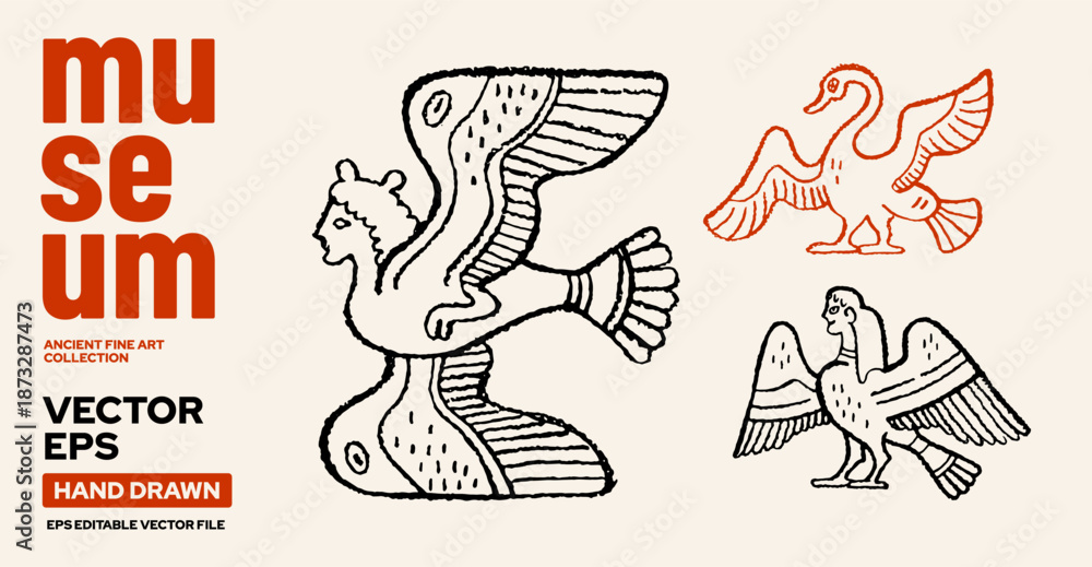 Naklejka premium Siren Greek bird. Siren, duck, goose and harpy set. Ancient Greek or Roman mythology woman and bird. Vase painting and statue from Greece. Museum doodle icon. Vector Ancient Mediterranean art bg