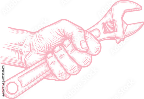 Pink stylized illustration of hand gripping adjustable wrench with movable jaw and knurled adjustment screw