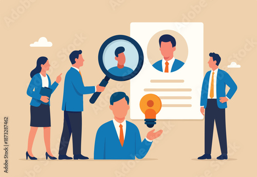 Recruitment hiring process to choose candidate to fit job position, HR Human Resources recruiting people fill in vacancy concept, business people HR with magnifier to choose choose candidate resume.