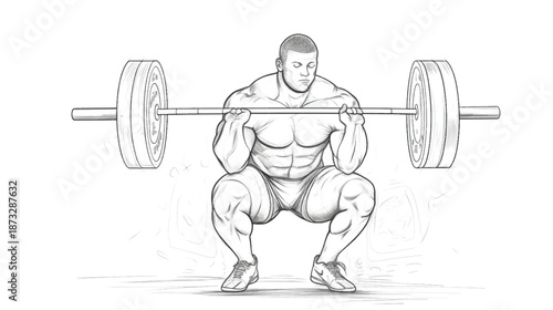 Strong Line Art Vector Illustration of a Male Weightlifter Squatting with a Heavy Barbell