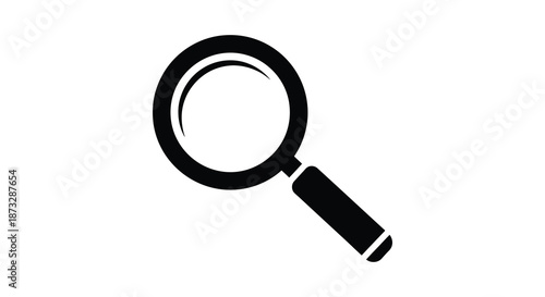 A simple black magnifying glass icon displayed on a white background a stark silhouette
