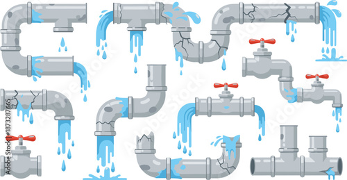 Damaged leaking water pipes with cracks, holes, and broken joints showing blue water flow