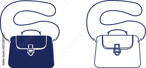 Women handbag icons set collection with purse bag tote clutch shoulder styles in flat and line design, fashion accessory outline illustration group for shopping retail UI branding