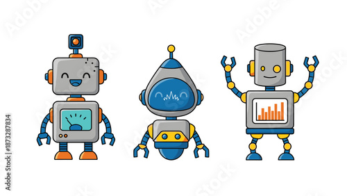 Collection of cute friendly robots with digital screens and data charts, flat vector illustration of mechanical cyborg characters isolated on white background,