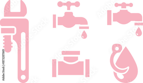 Pink plumbing icons set with wrench, faucets, valve, and water droplet symbolsPink plumbing icons set with wrench, faucets, valve, and water droplet symbols