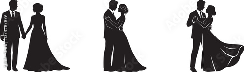 Elegant wedding couple silhouettes holding hands and embracing in romantic black and white illustration