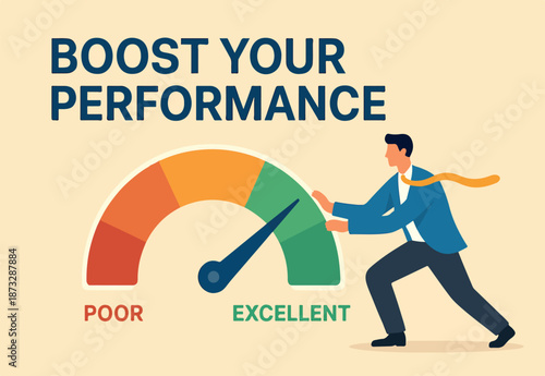 Push skill level, credit score or increase performance, improvement or effort to be better, excellent customer feedback review, gauge scale rating concept, businessman pushing skill performance gauge.