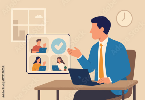 Hybrid work employee choice to remote work from home or come to office, flexible workplace for productivity concept, businessman sitting in office talk in conference call with people work from home.