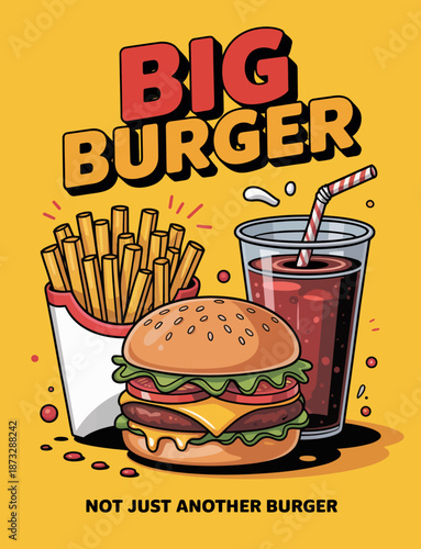 This vibrant illustration features a mouthwatering big burger, crispy fries, and a refreshing drink, showcasing the colorful appeal of fast food to entice hungry customers.