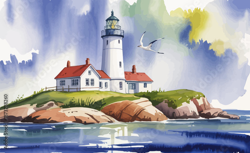 This watercolor artwork depicts a picturesque lighthouse standing on a rocky island, symbolizing guidance, safety, and the serene beauty of coastal landscapes.