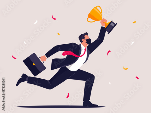 A confident businessman in a suit runs joyfully, holding a trophy high in the air to celebrate his victory, symbolizing achievement, success, and determination in life.