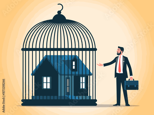 This image portrays a businessman standing next to a birdcage housing a house, symbolizing the constraints of property ownership and societal expectations in urban living.